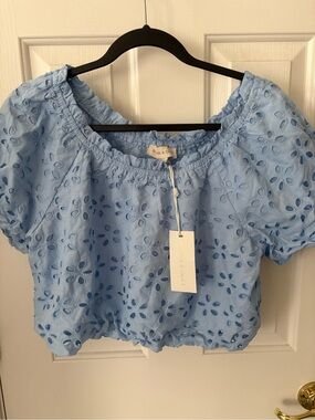 Jennifer & Grace Light Blue Eyelet Off-Shoulder Crop Top